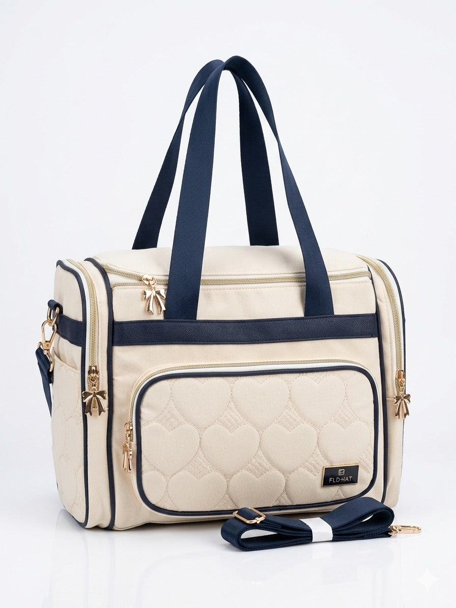 Heart Quilted Luxury Diaper Bag Large Travel Tote With Golden Bow Zippers And Shoulder Strap