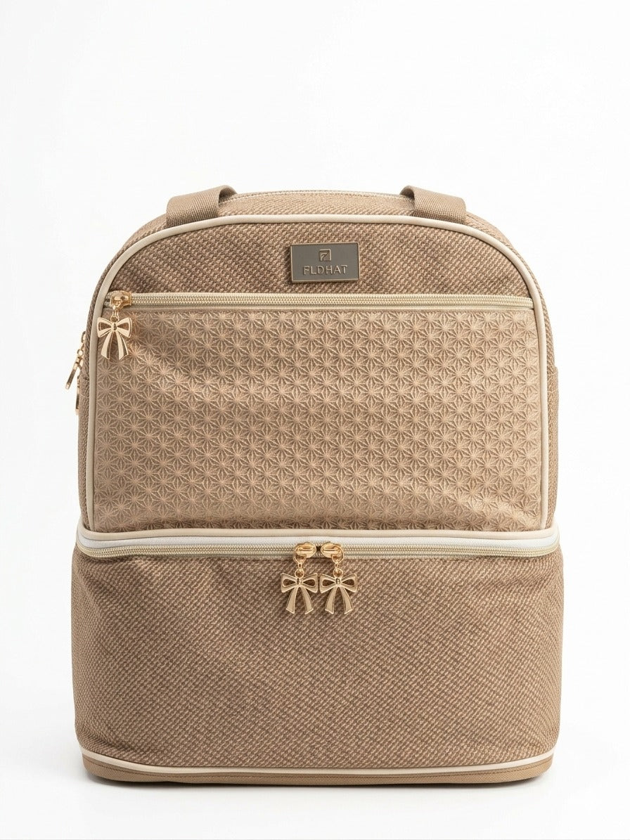 Premium Textured Double Layer Diaper Bag Large Capacity Travel Backpack Tote With Golden Bow Zippers