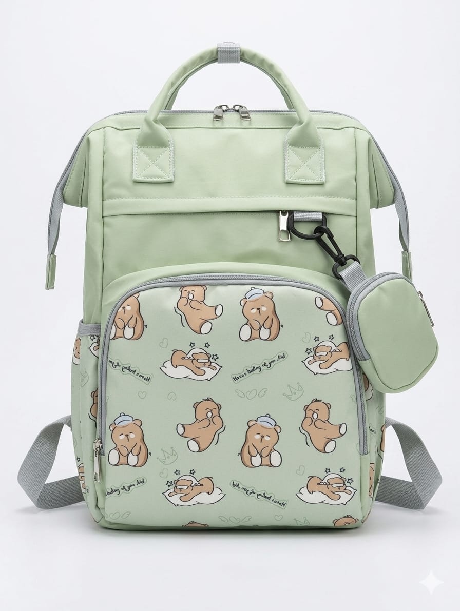 Cute Cartoon Bear Printed Multi-Functional Diaper Backpack with Matching Mini Pouch