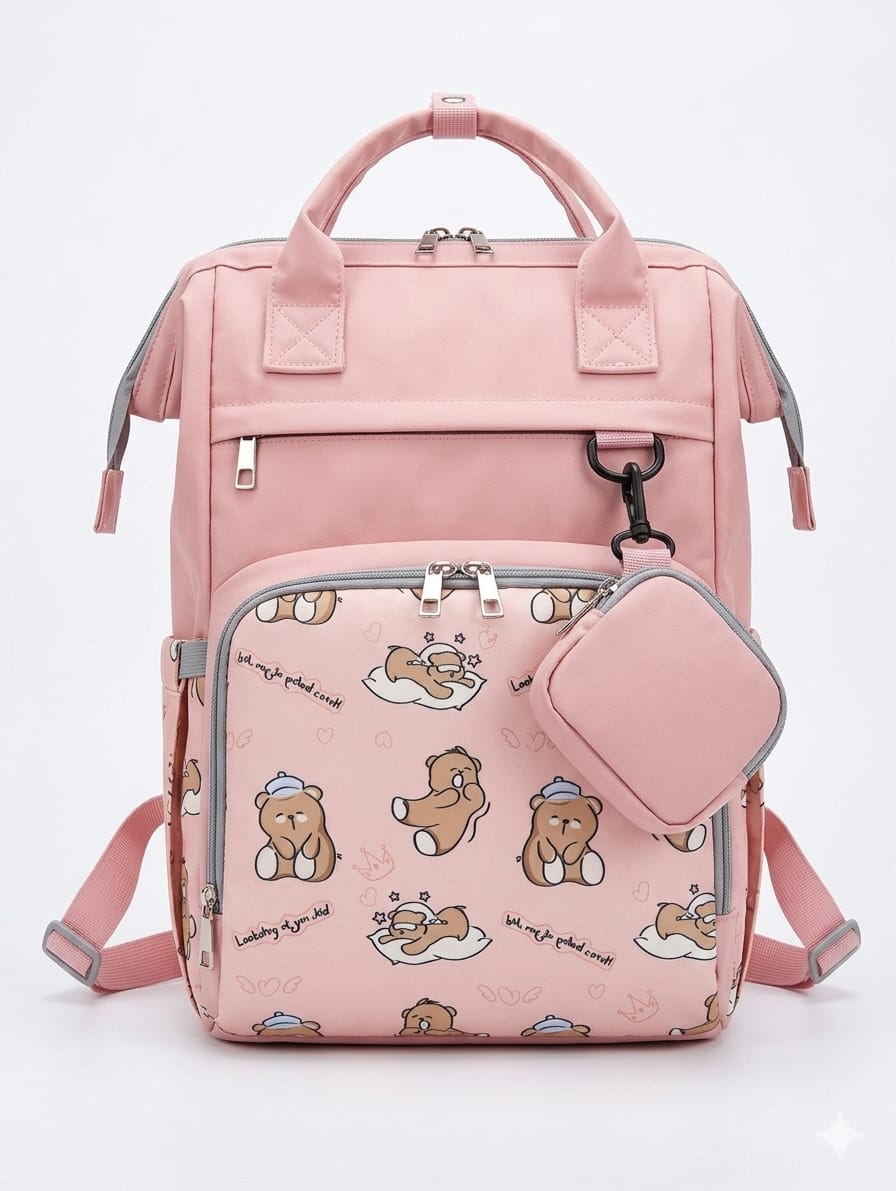 Cute Cartoon Bear Printed Multi-Functional Diaper Backpack with Matching Mini Pouch