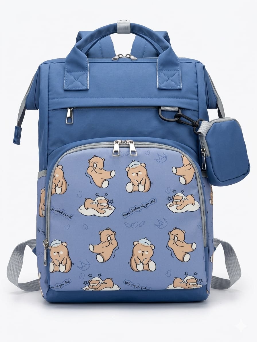 Cute Cartoon Bear Printed Multi-Functional Diaper Backpack with Matching Mini Pouch