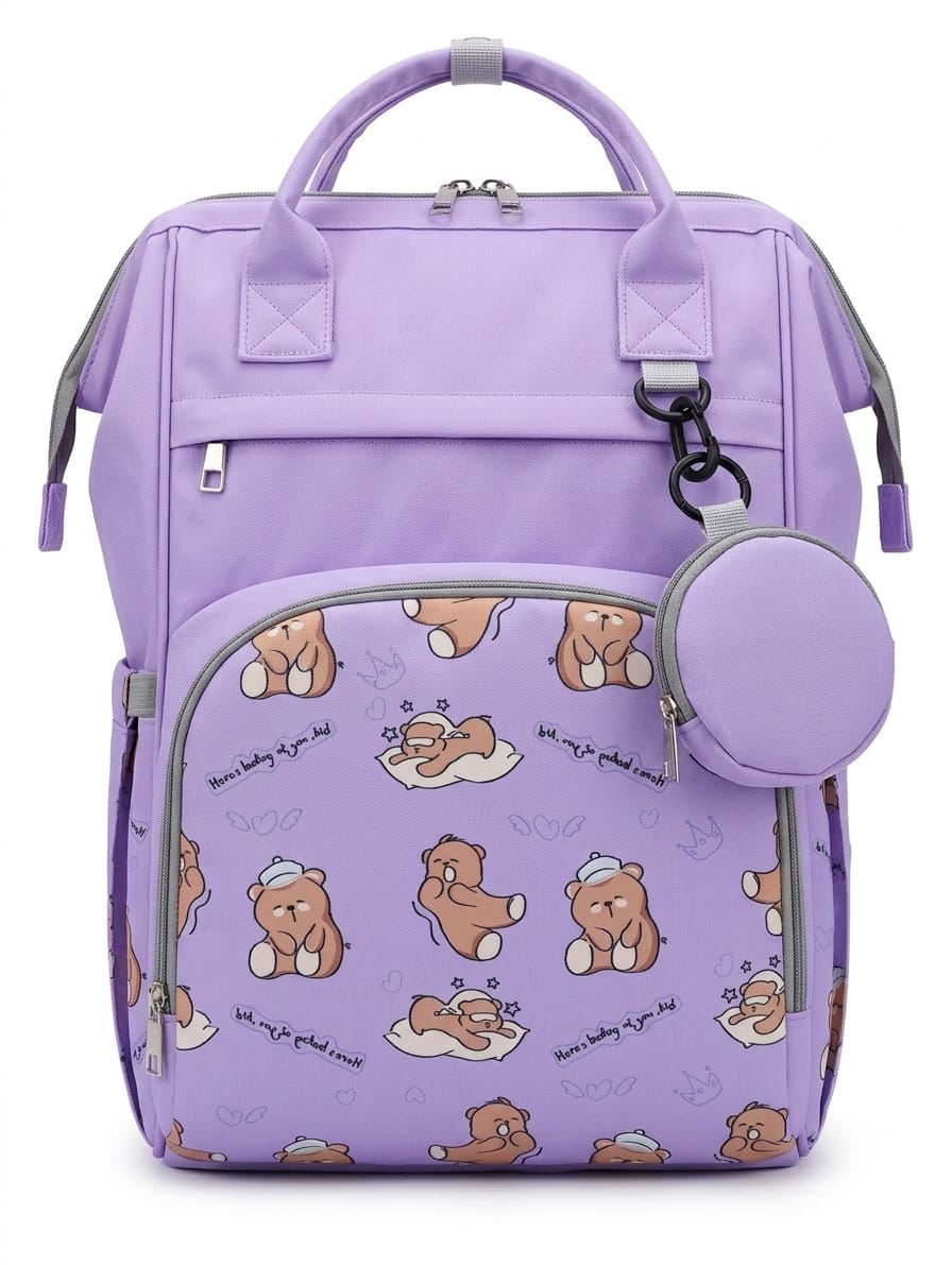 Cute Cartoon Bear Printed Multi-Functional Diaper Backpack with Matching Mini Pouch