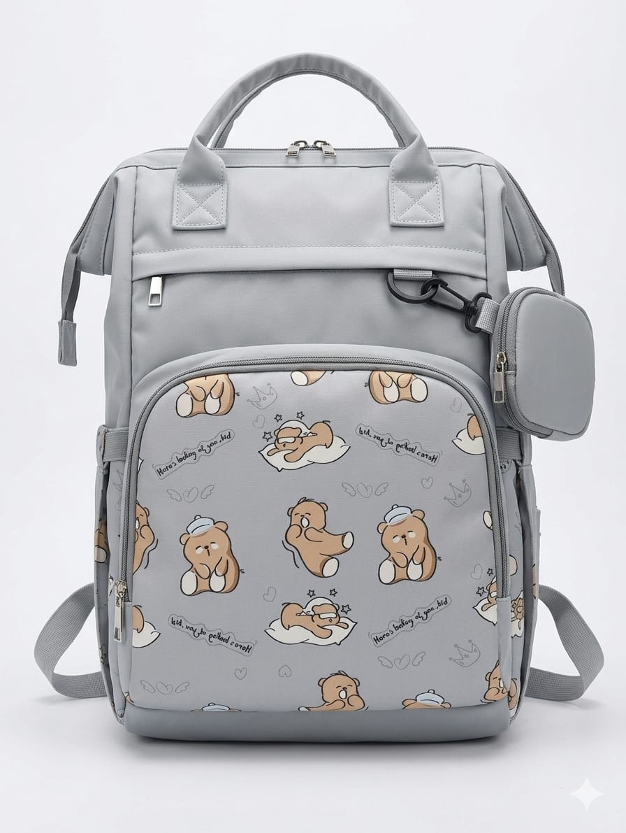 Cute Cartoon Bear Printed Multi-Functional Diaper Backpack with Matching Mini Pouch