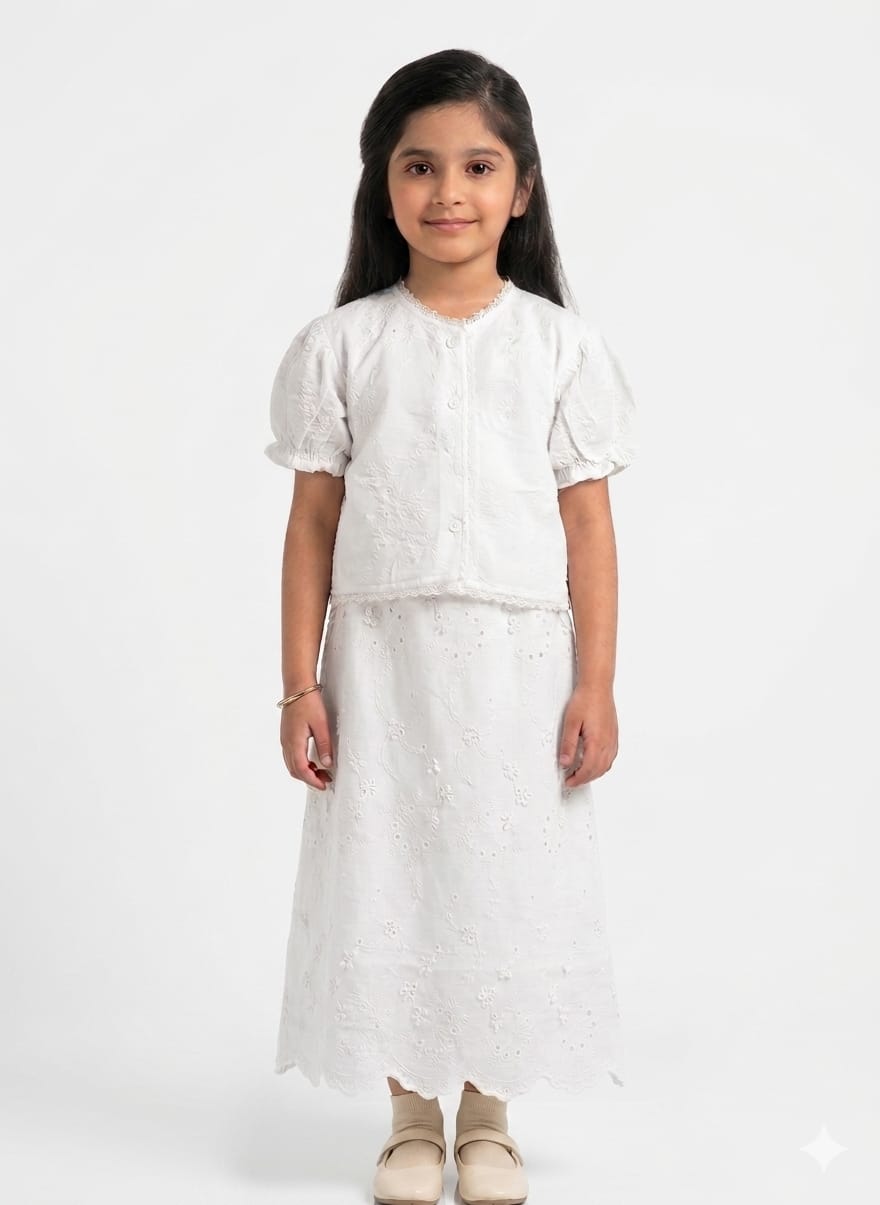 Elegant Girls Cotton Hakoba Chikankari Co Ord Set With Puff Sleeve Button Down Shirt