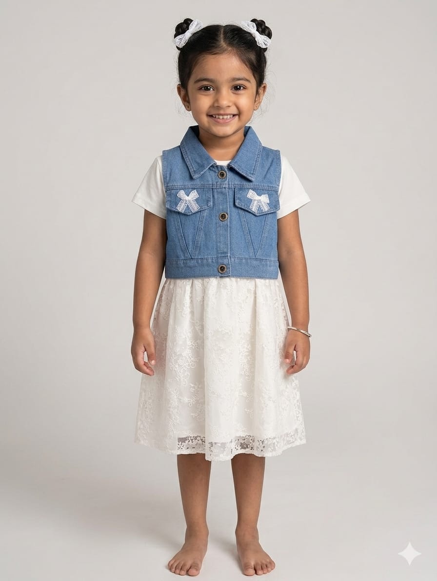 Beautiful Girls Net Lace Frock With Removable Denim Bow Jacket Two Piece Dress
