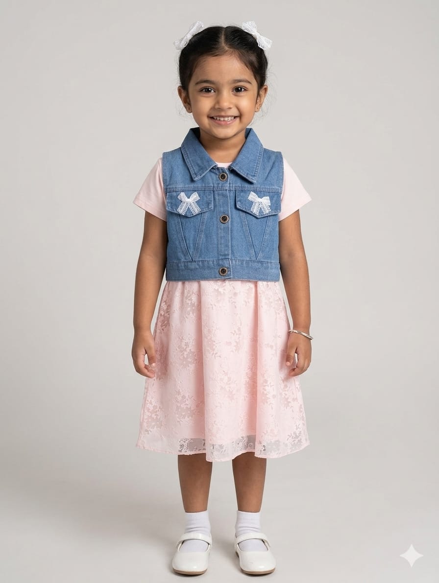 Beautiful Girls Net Lace Frock With Removable Denim Bow Jacket Two Piece Dress