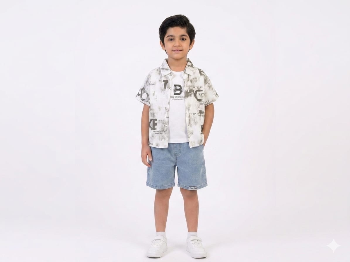 Premium Boys Cool Printed Shirt And Denim Shorts Set Casual Summer 3 Piece Outfit