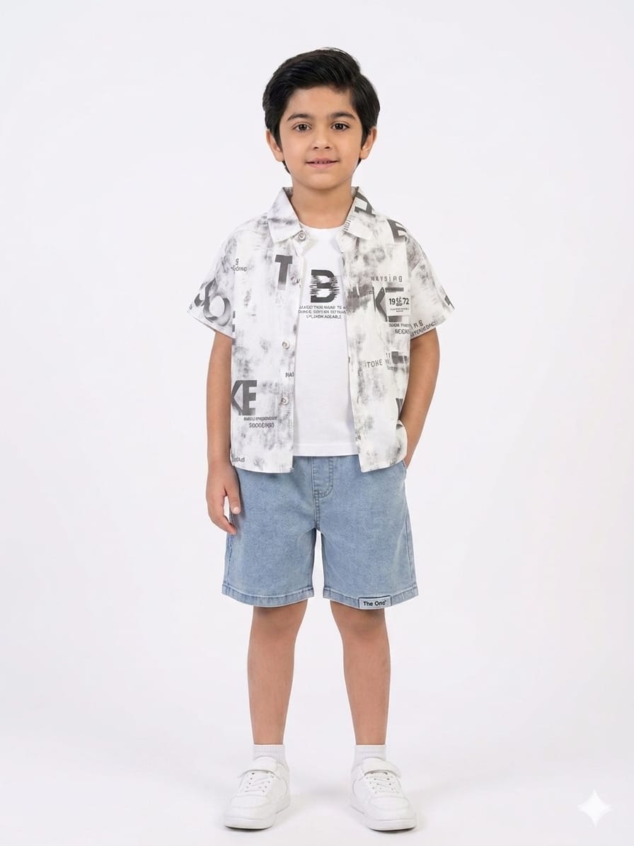 Premium Boys Cool Printed Shirt And Denim Shorts Set Casual Summer 3 Piece Outfit