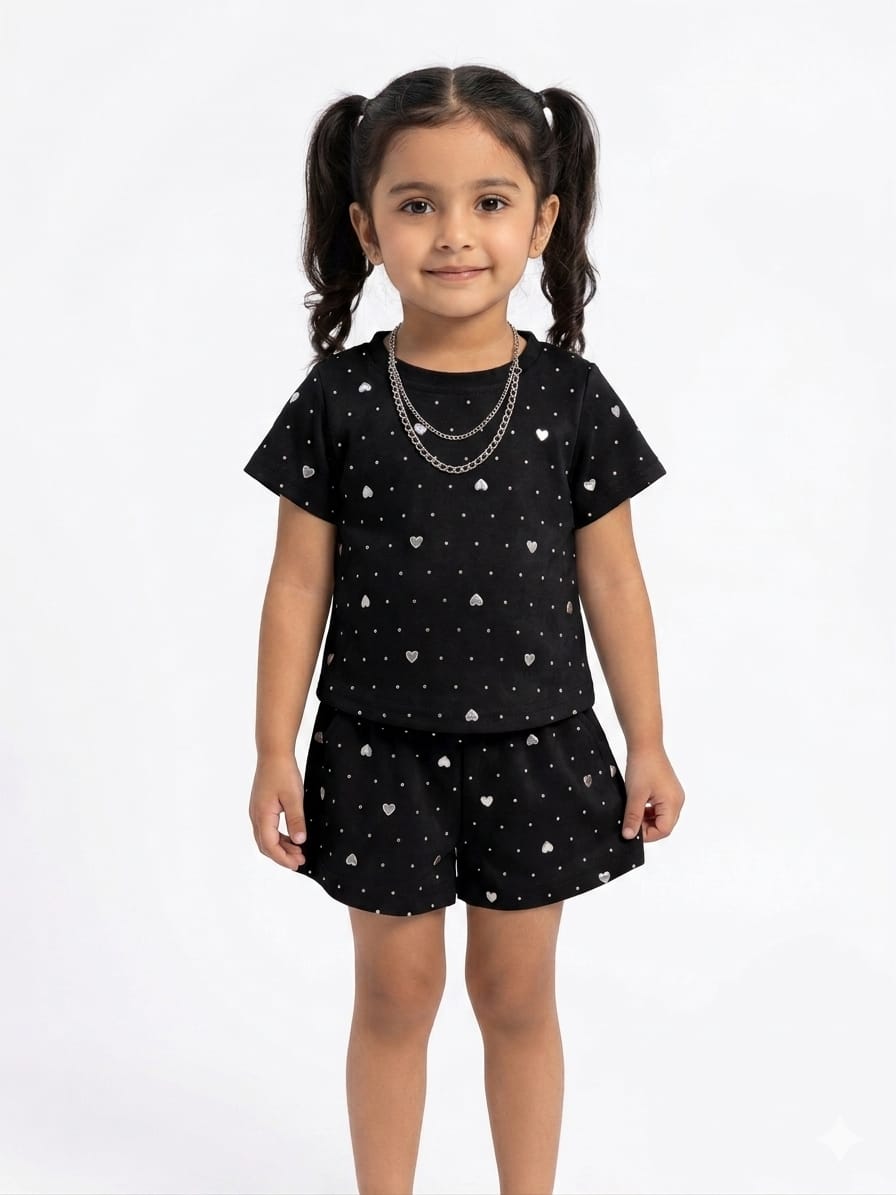 Girls Soft Velvet Heart Print T Shirt and Shorts Two Piece Summer Lounge Set