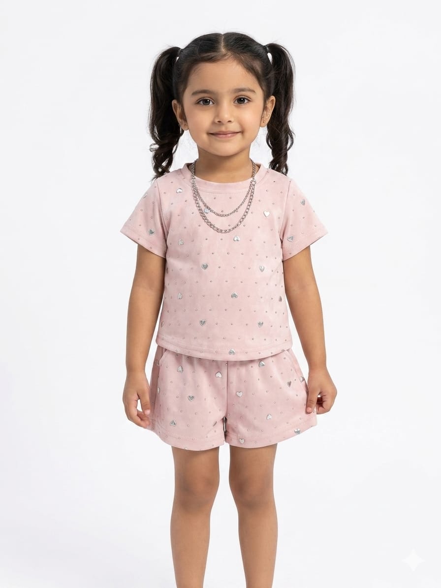 Girls Soft Velvet Heart Print T Shirt and Shorts Two Piece Summer Lounge Set