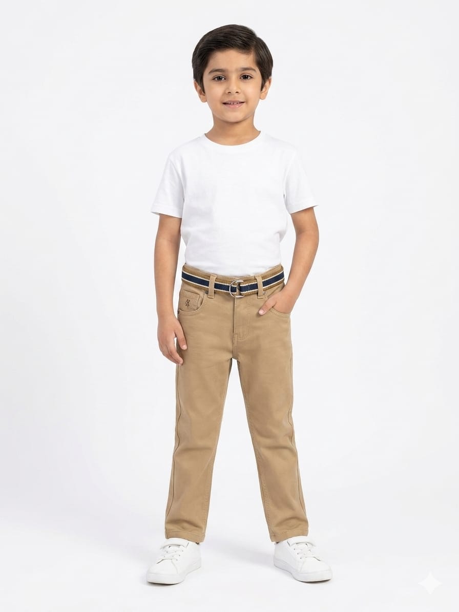 Stylish Boys Cotton Casual Trousers with Premium Striped Belt - Comfortable Regular Fit