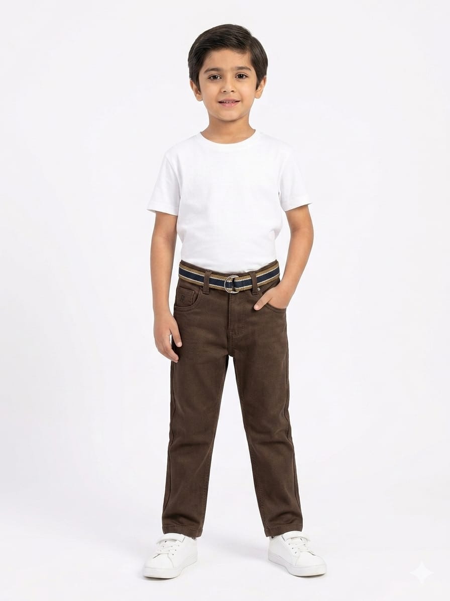 Stylish Boys Cotton Casual Trousers with Premium Striped Belt - Comfortable Regular Fit