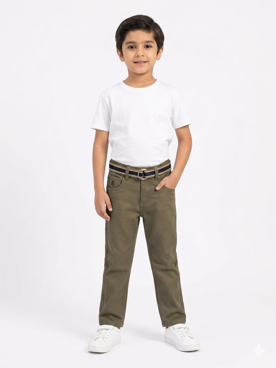 Stylish Boys Cotton Casual Trousers with Premium Striped Belt - Comfortable Regular Fit