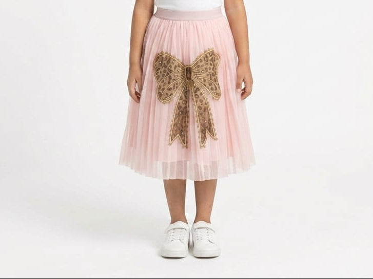 Girls Elegant Pleated Skirt Featuring Stunning Large Bow Detail for Special Occasions