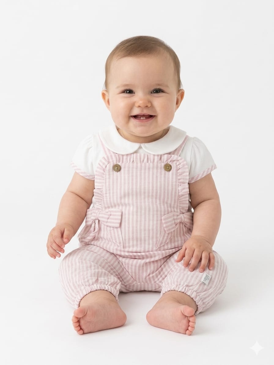 Adorable Striped Baby Jumpsuit Set - Soft Pink Overalls with Matching Peter Pan Collar