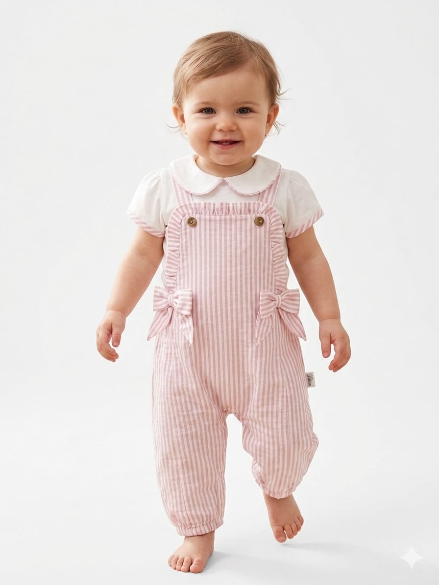 Adorable Striped Baby Jumpsuit Set - Soft Pink Overalls with Matching Peter Pan Collar
