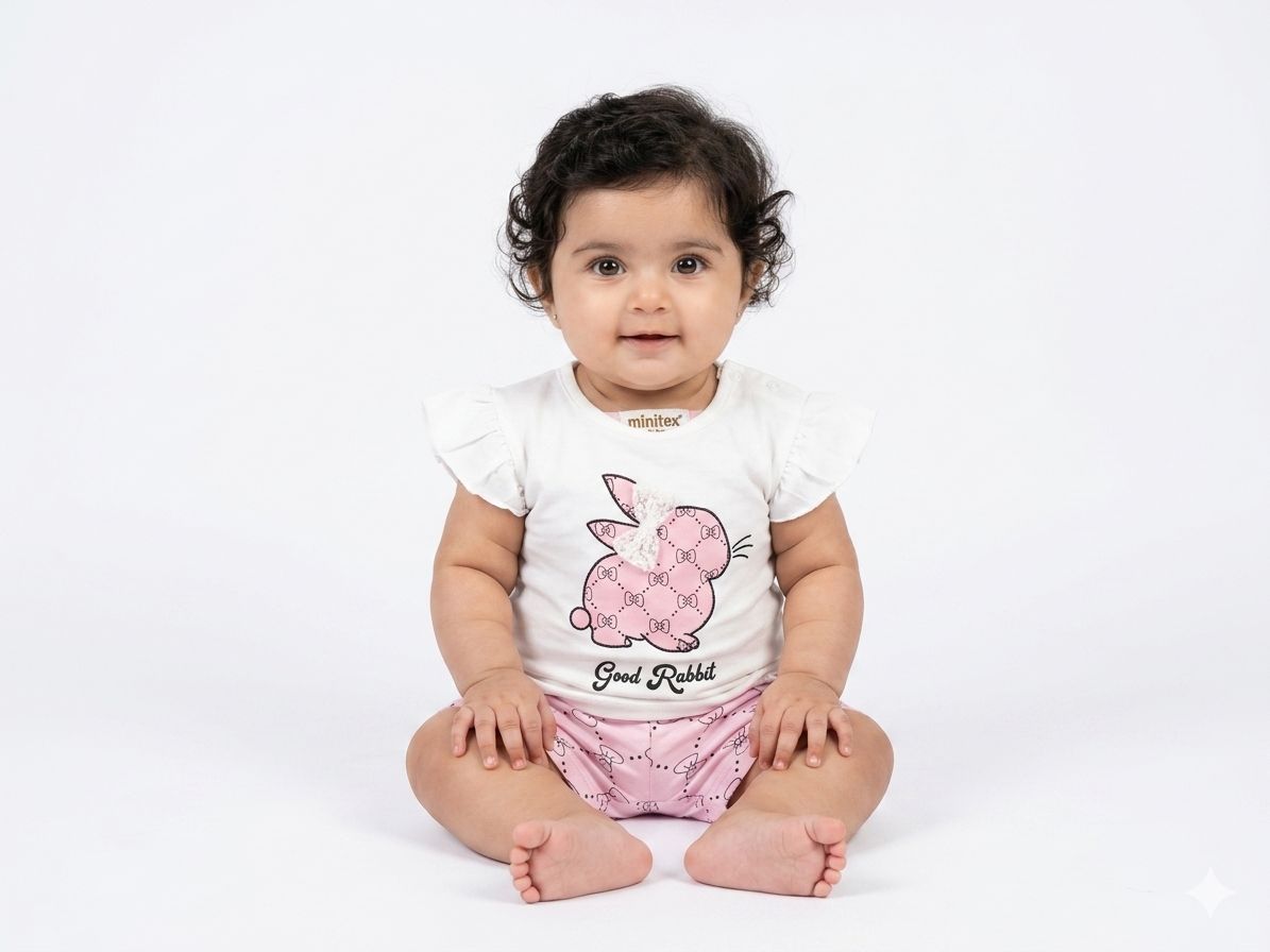 Adorable Good Rabbit Print Baby Summer Set - Soft Flutter-Sleeve Tee and Shorts