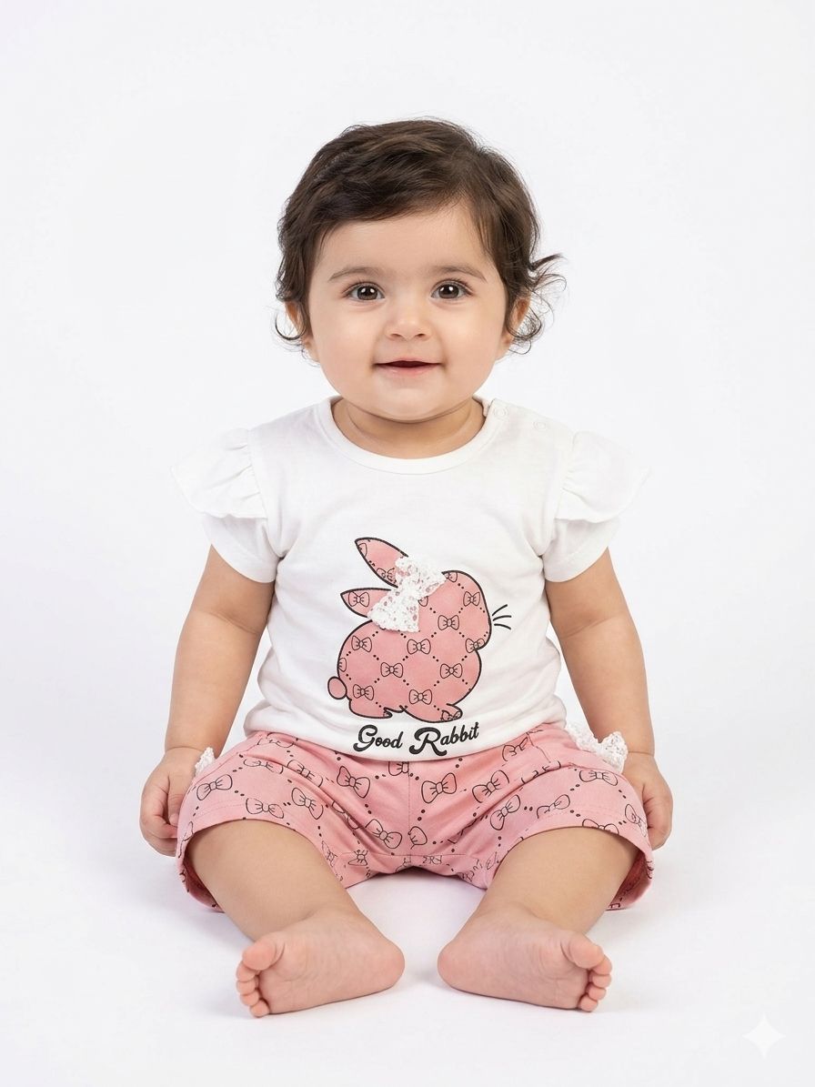Adorable Good Rabbit Print Baby Summer Set - Soft Flutter-Sleeve Tee and Shorts