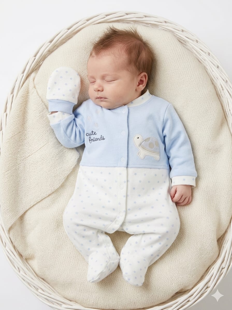 Soft Newborn Baby Sleepsuit and Matching Mittens Set - Cute Friends Turtle Design