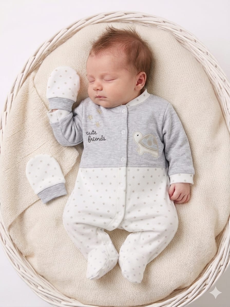 Soft Newborn Baby Sleepsuit and Matching Mittens Set - Cute Friends Turtle Design