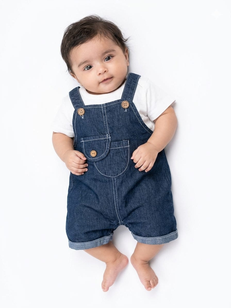 Comfortable Dark Denim Dungaree Shorts Set For Stylish Babies Soft Premium Casual Summer Outfit