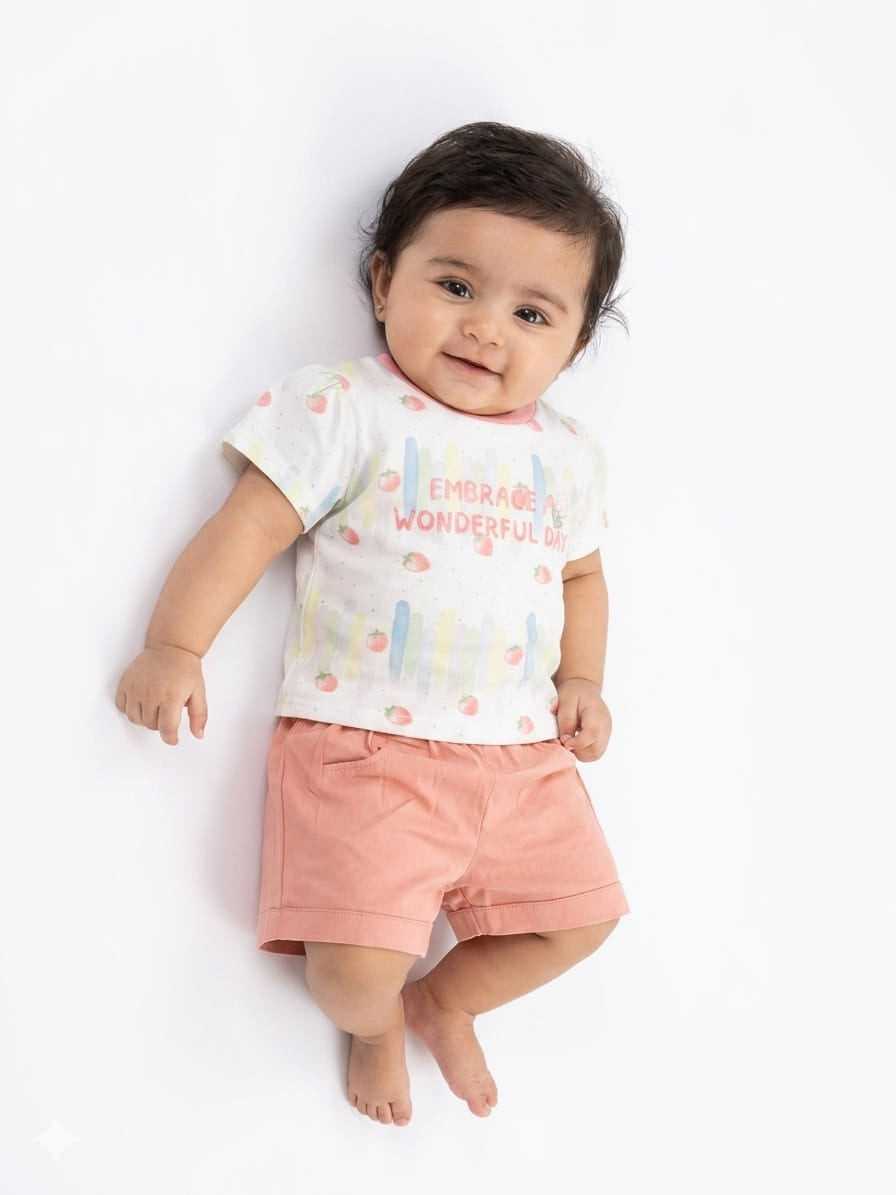 Comfortable Peach Shorts With Printed Top For Stylish Baby Girls Premium Casual Summer Outfit