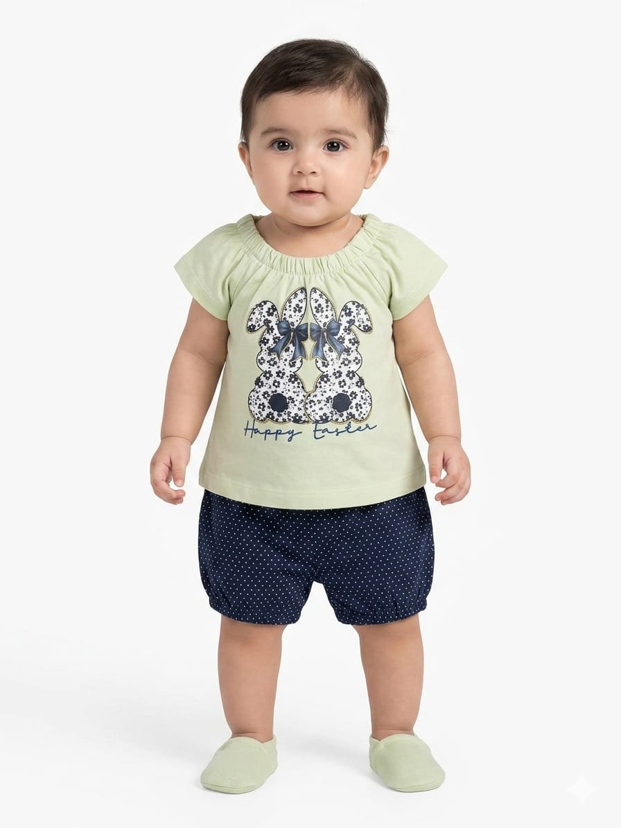 Comfortable Pink Polka Dot Shorts With Bunny Print Top For Stylish Baby Girls Outfit