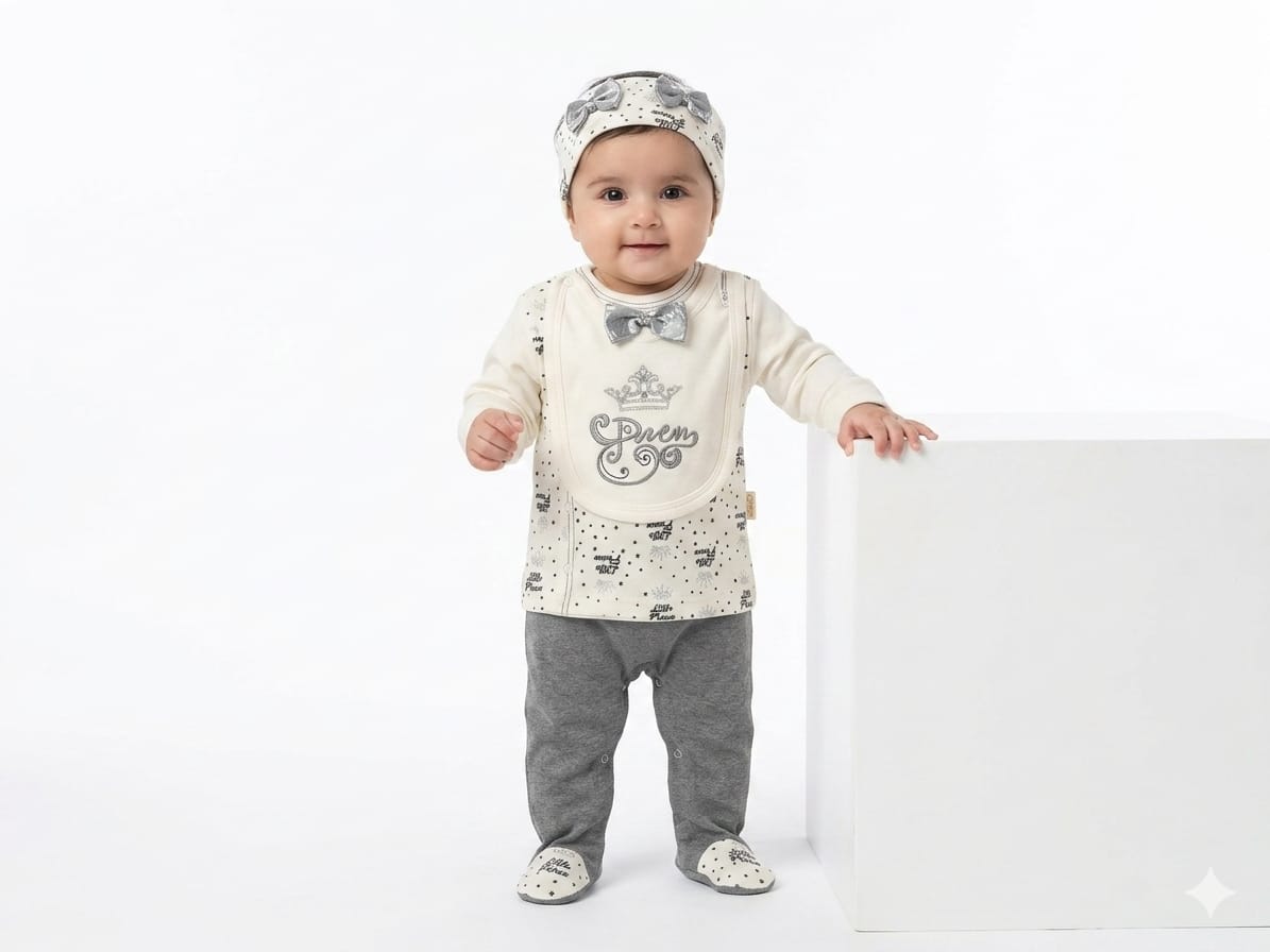 Comfortable Baby Prince Set With Crown Bib And Matching Mittens For Stylish Boys Wear