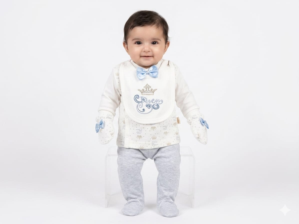 Comfortable Baby Prince Set With Crown Bib And Matching Mittens For Stylish Boys Wear