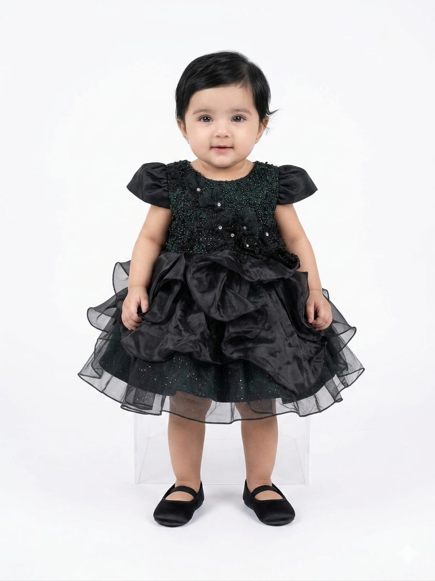 Elegant Black Floral Party Dress for Baby Girls - Embellished Fancy Occasion Wear