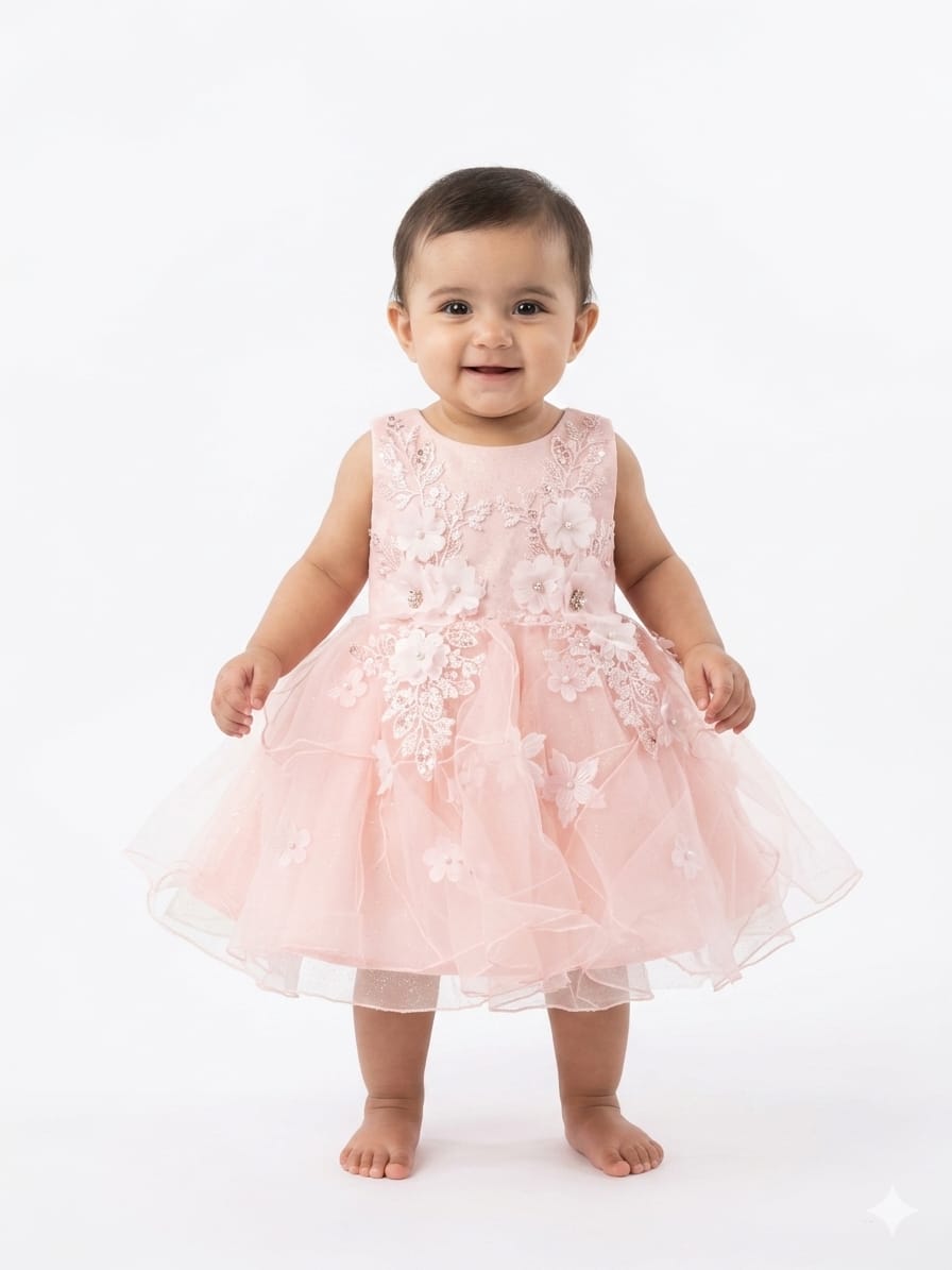 Elegant Dusty Pink Floral Party Dress for Baby Girls - Embellished Fancy Occasion Wear