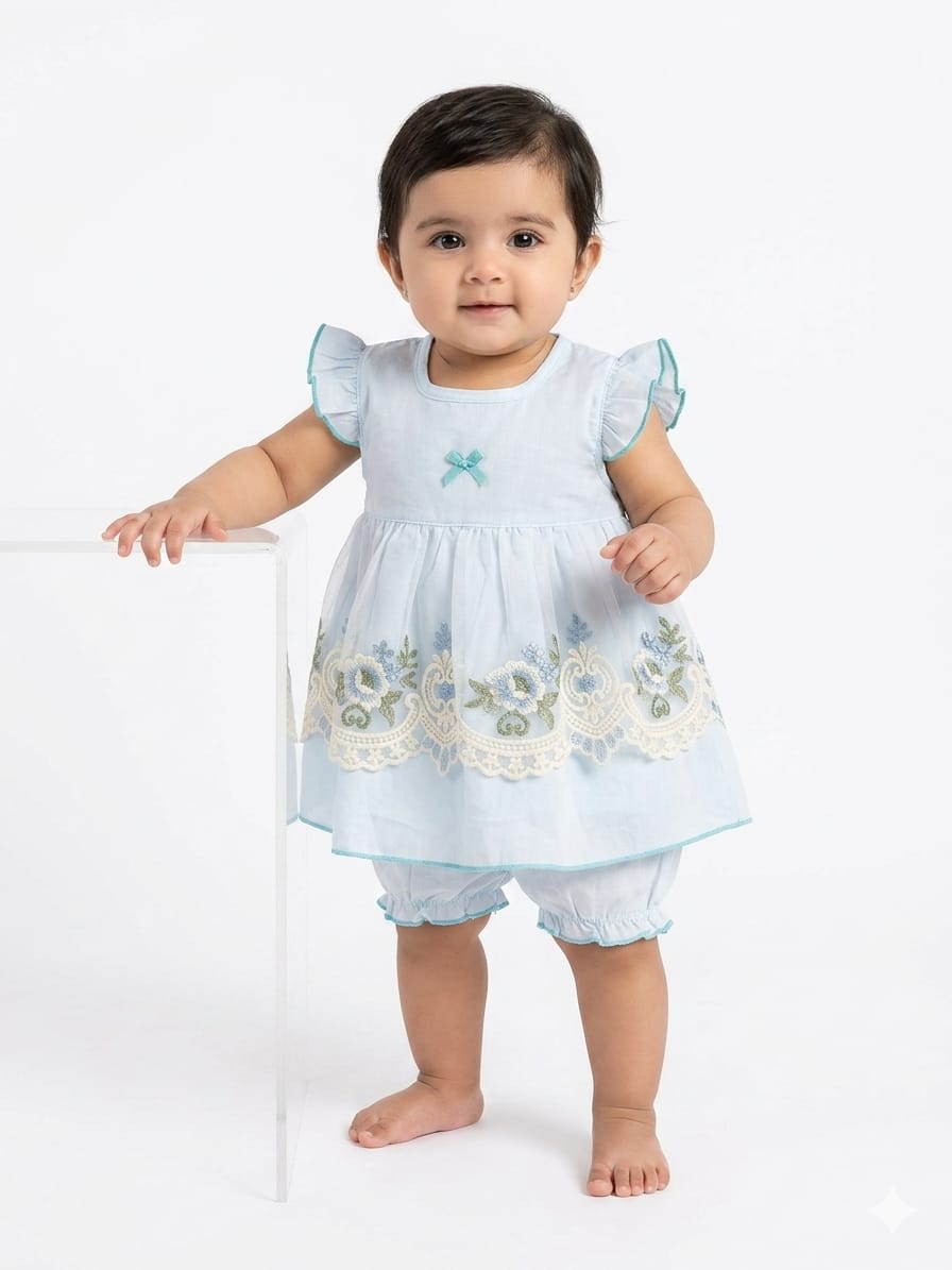 Adorable Mint Green Floral Embroidered Baby Dress Set - Comfortable Summer Outfit