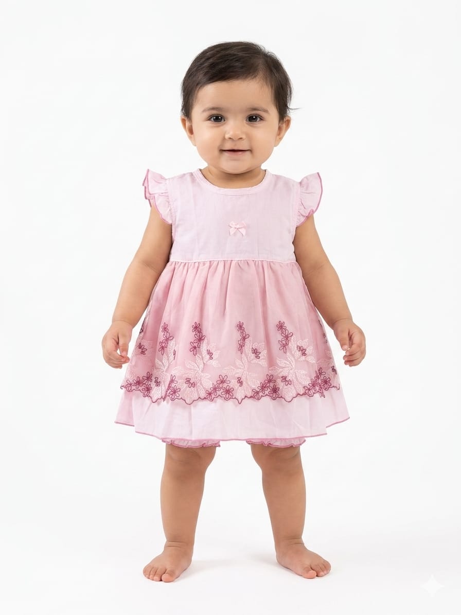 Sweet Soft Pink Floral Embroidered Baby Dress Set - Comfortable Summer Casual Outfit