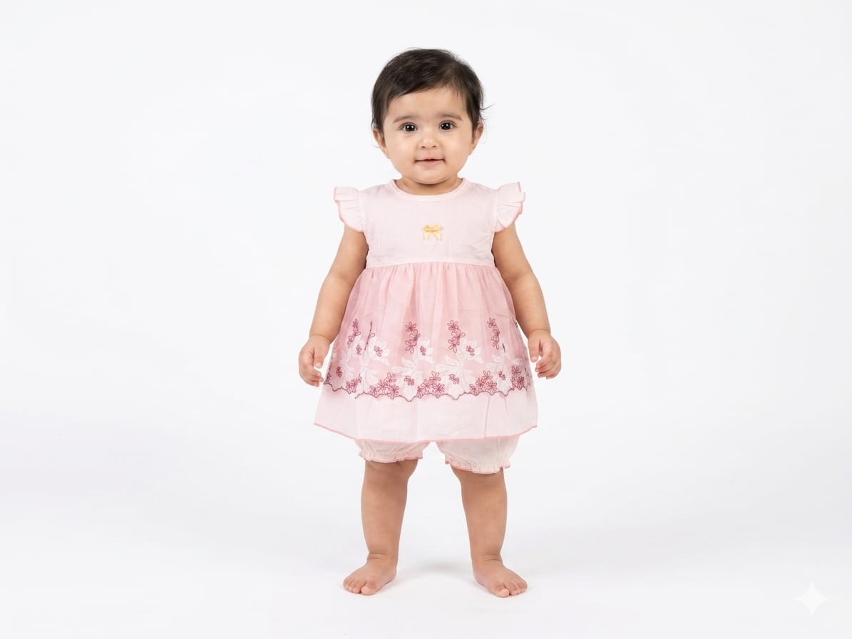 Sweet Soft Pink Floral Embroidered Baby Dress Set - Comfortable Summer Casual Outfit