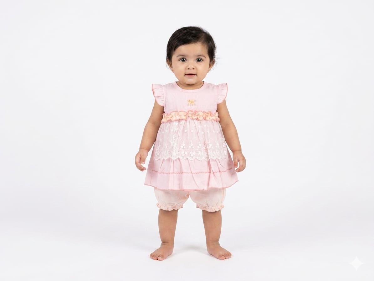 Charming Sky Blue Baby Dress with Delicate White Lace Overlay and Ruffle Detailing