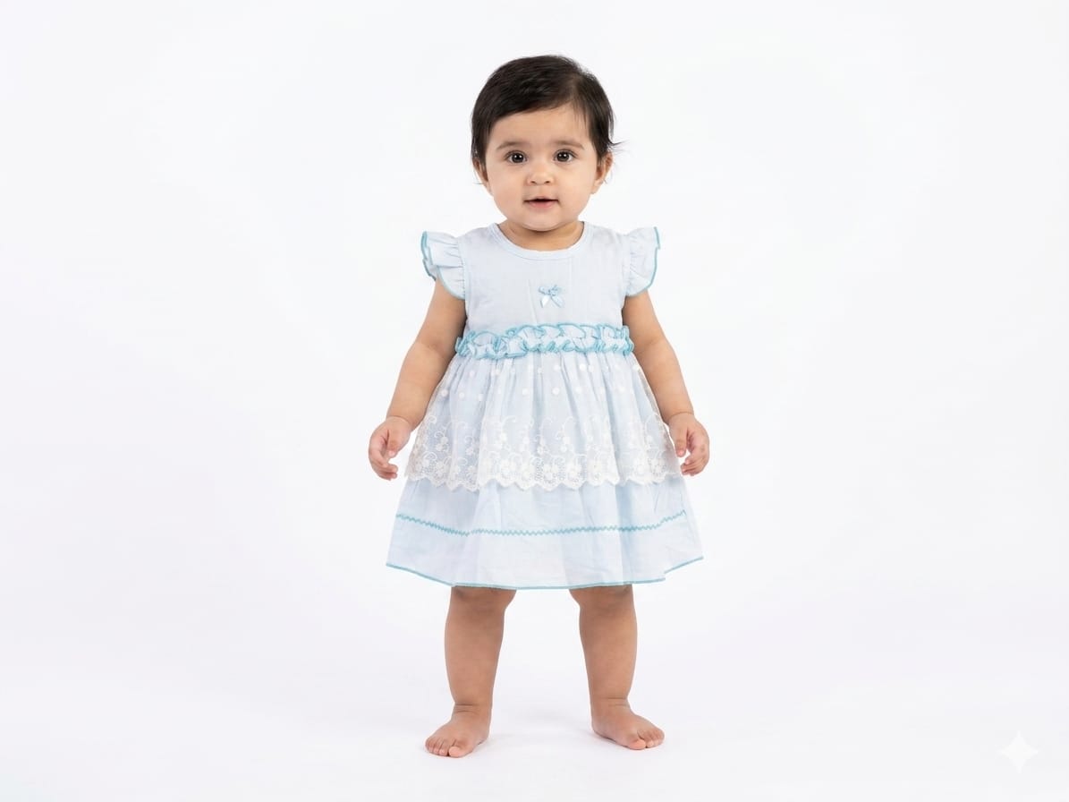 Charming Sky Blue Baby Dress with Delicate White Lace Overlay and Ruffle Detailing