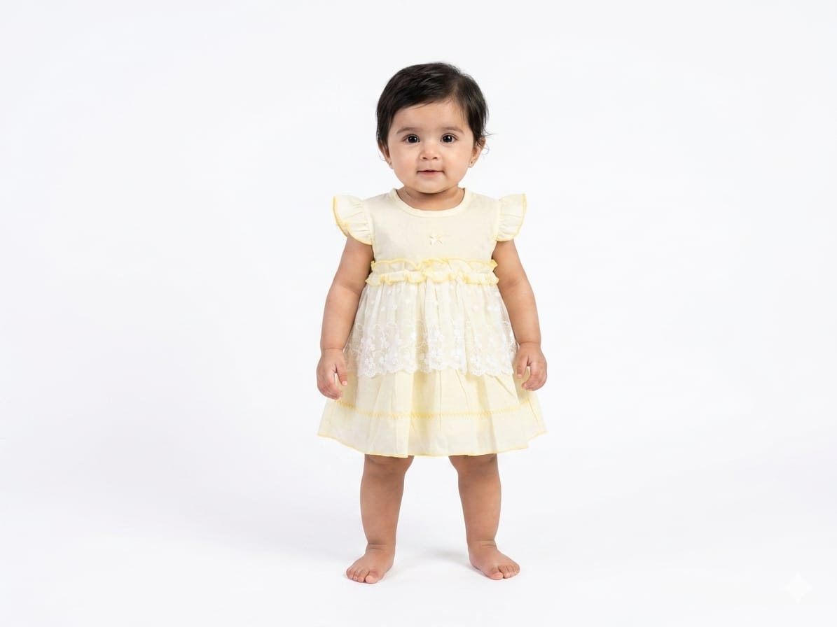 Charming Sky Blue Baby Dress with Delicate White Lace Overlay and Ruffle Detailing