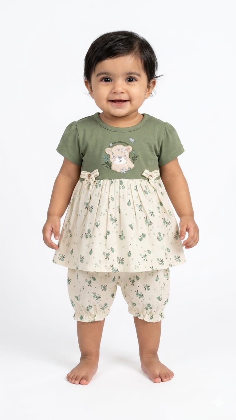Adorable Floral Top and Bloomer Set for Baby Girls: Cute Bear Design