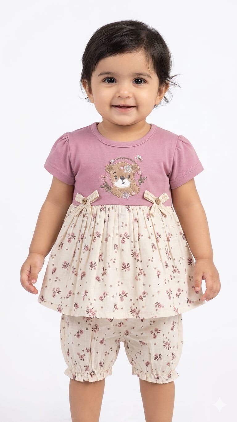 Adorable Floral Top and Bloomer Set for Baby Girls: Cute Bear Design