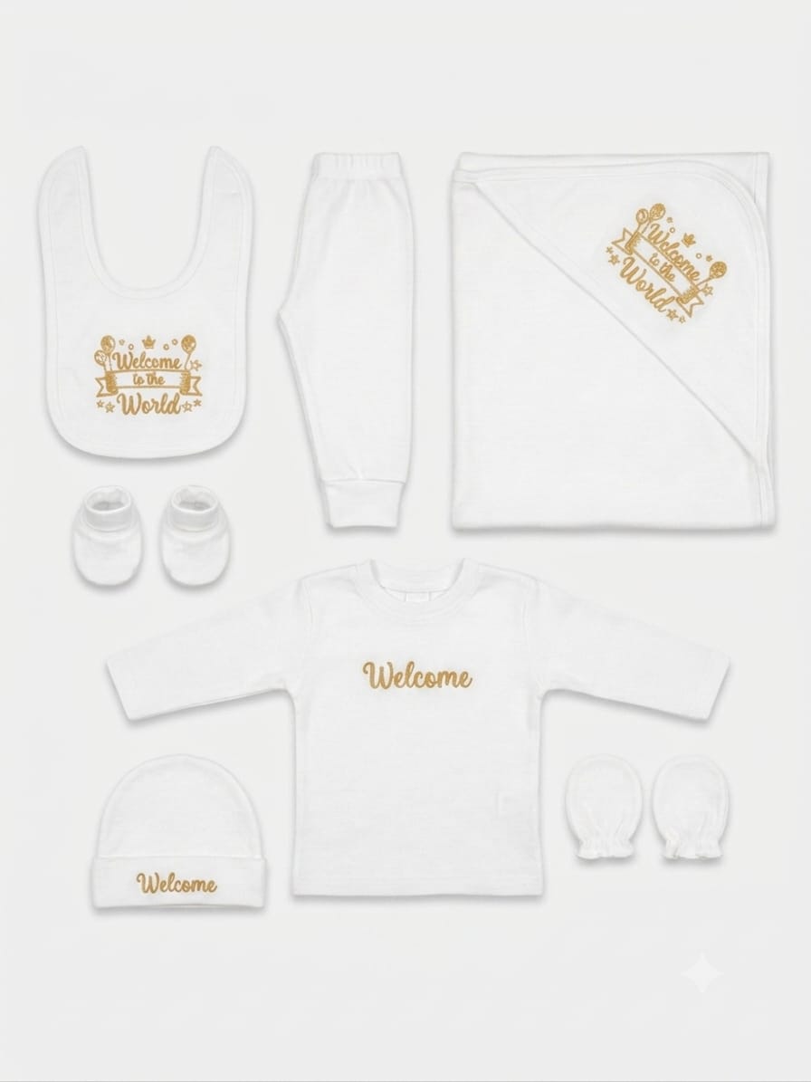 Soft White Newborn Welcome To The World Embroidered 8 Pieces Gift Set For Stylish New Babies