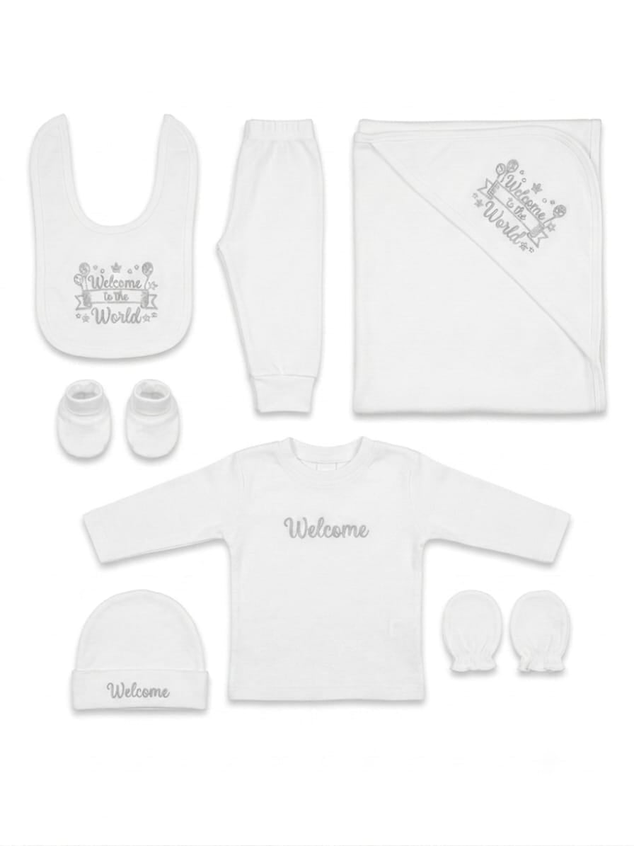 Soft White Newborn Welcome To The World Embroidered 8 Pieces Gift Set For Stylish New Babies