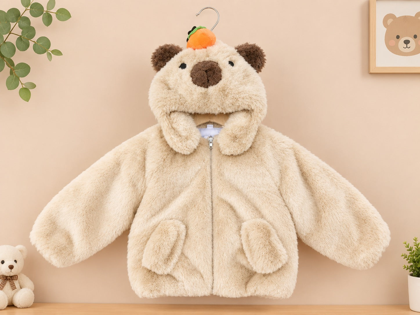 Kids Plush Faux Fur Hooded Bear Jacket With Cute Carrot Accent