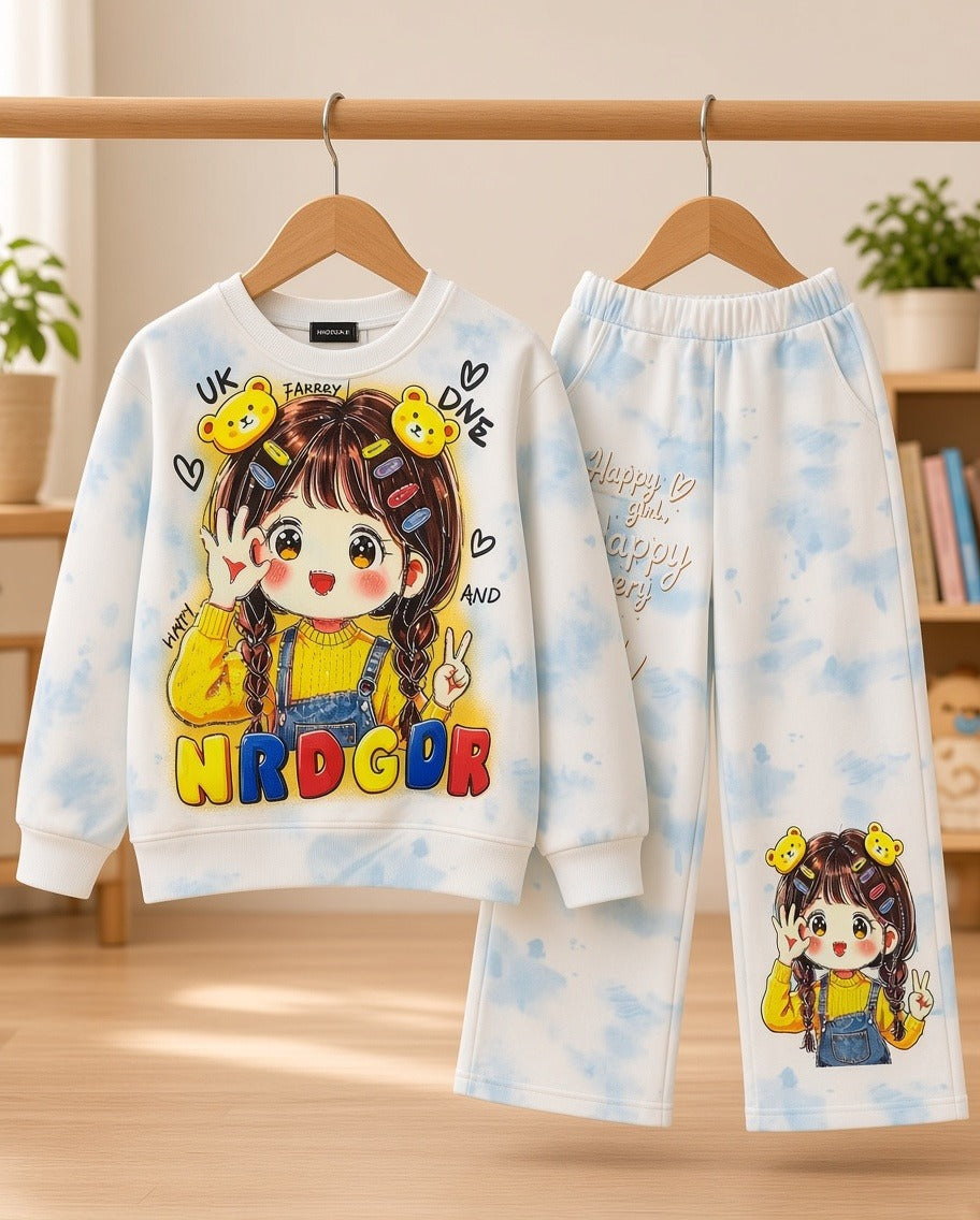 Stylish Kids Cartoon Print Tie-Dye Sweatshirt And Trouser Winter Tracksuit Set