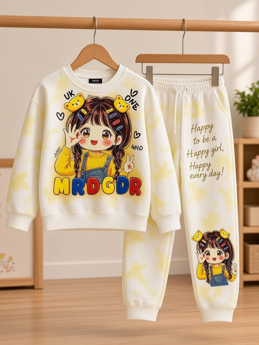 Stylish Kids Cartoon Print Tie-Dye Sweatshirt And Trouser Winter Tracksuit Set