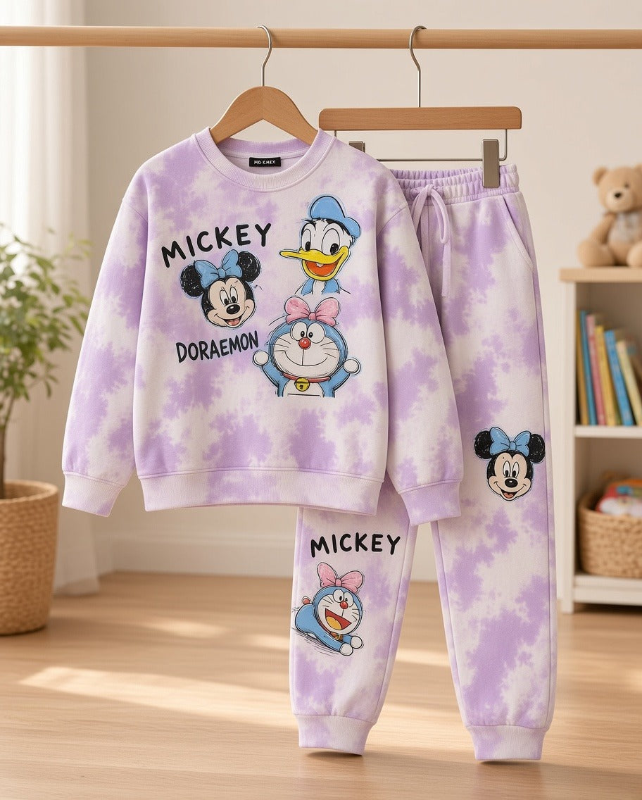 Stylish Kids Cartoon Character Print Tie-Dye Sweatshirt And Trouser Tracksuit Set
