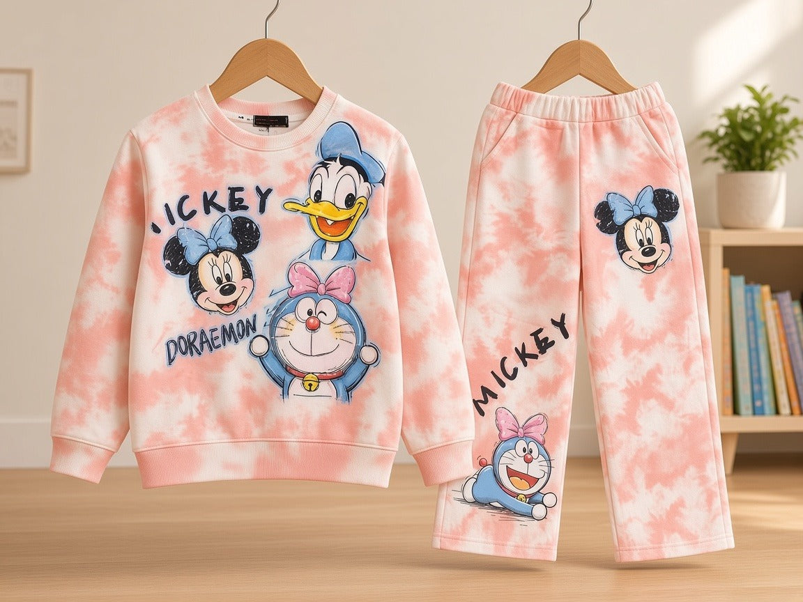 Stylish Kids Cartoon Character Print Tie-Dye Sweatshirt And Trouser Tracksuit Set