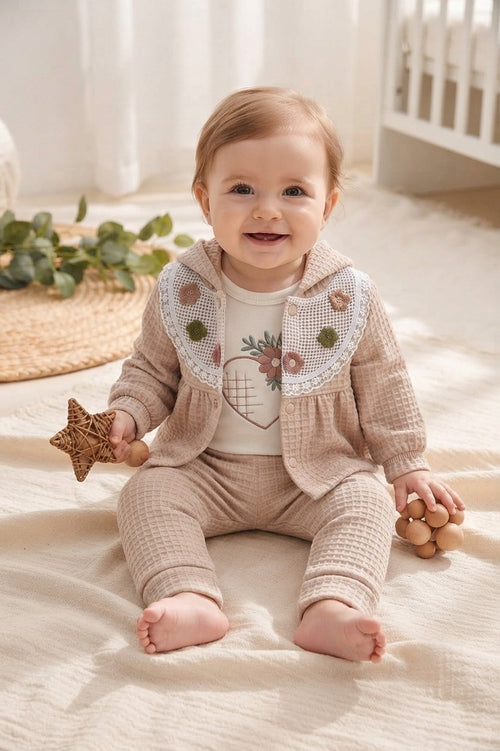 Imported Turkish Baby Girl Beige Waffle Textured Jacket And Trousers Outfit Set