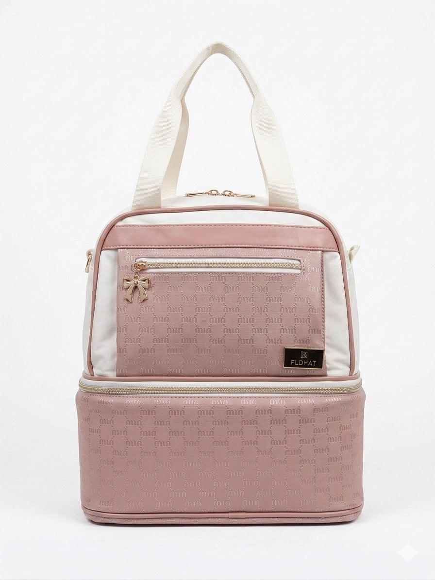 Luxury Monogram Double Layer Diaper Bag Large Travel Tote Backpack With Golden Bow Zippers