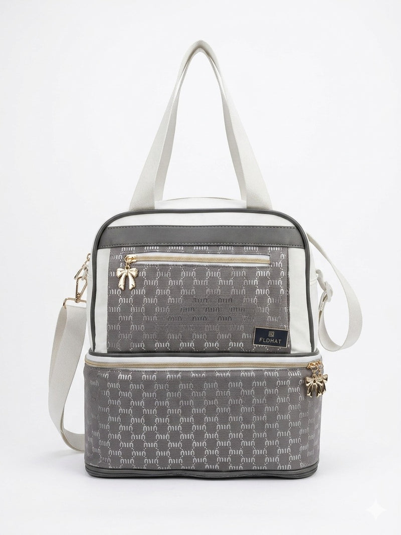 Luxury Monogram Double Layer Diaper Bag Large Travel Tote Backpack With Golden Bow Zippers