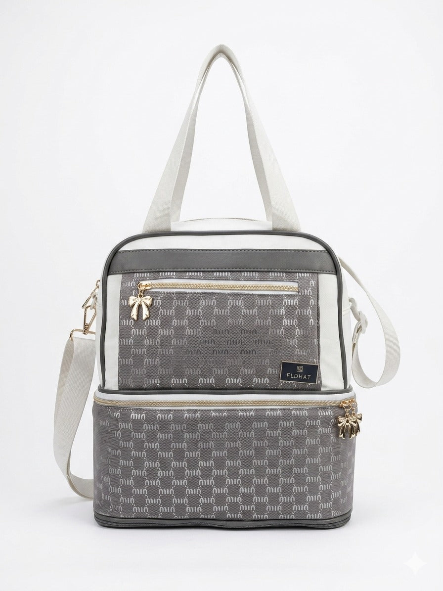 Luxury Monogram Double Layer Diaper Bag Large Travel Tote Backpack With Golden Bow Zippers